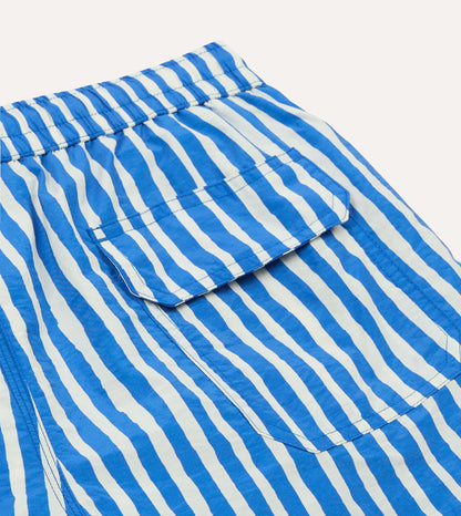 Blue Stripe Print Nylon Drawstring Swim Shorts