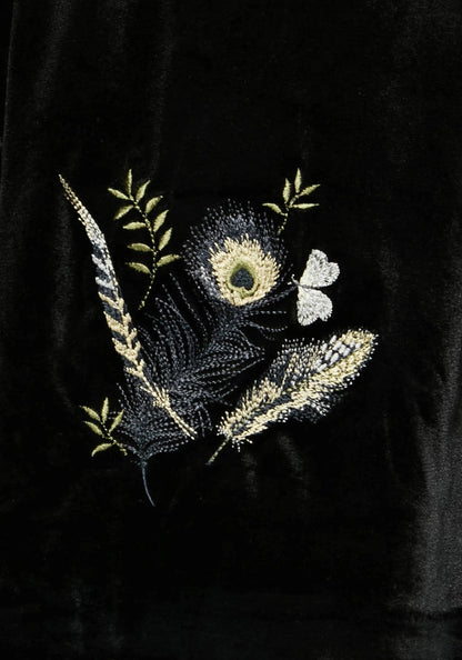 Bluesow Feather & Thistles Embroidered Puff Sleeve Velour Mini Dress