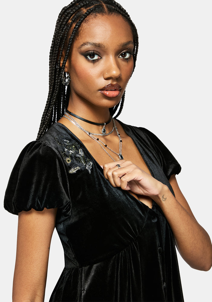 Bluesow Feather & Thistles Embroidered Puff Sleeve Velour Mini Dress
