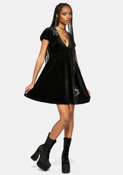 Bluesow Feather & Thistles Embroidered Puff Sleeve Velour Mini Dress