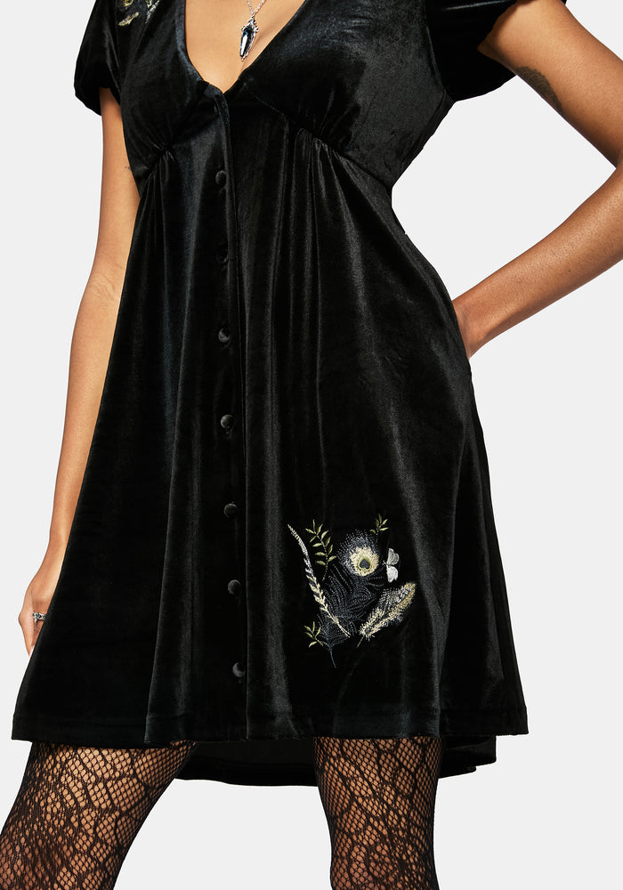 Bluesow Feather & Thistles Embroidered Puff Sleeve Velour Mini Dress