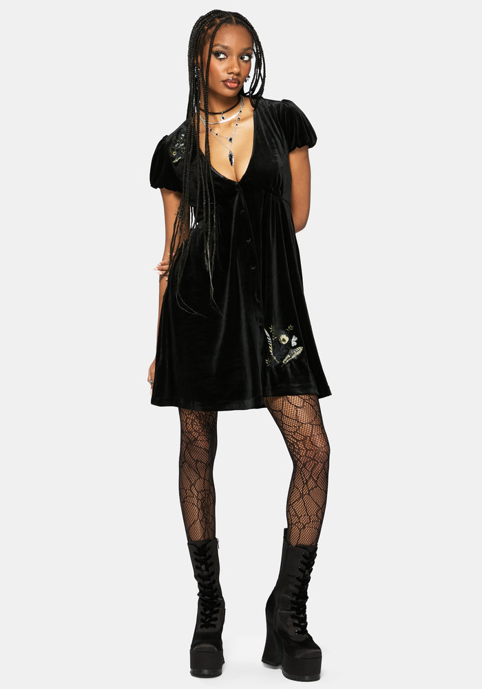 Bluesow Feather & Thistles Embroidered Puff Sleeve Velour Mini Dress