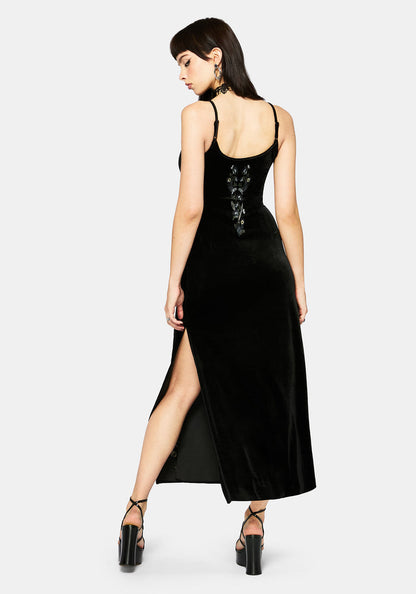 Bluesow Feather & Thistles Embroidered Velour Slip Maxi Dress