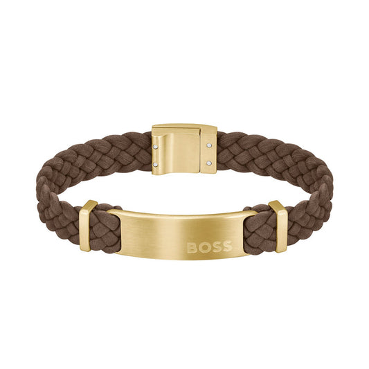 BOSS by Hugo Boss Jewellery Gold Steel & Brown Leather Men's Bracelet - 1580607M