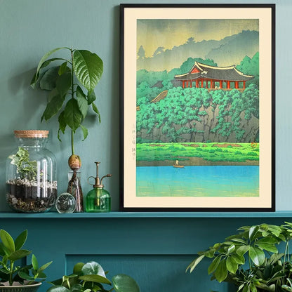 Botan Dai at Ping-yang, Korea Print by Hasui Kawase, Japanese woodblock print black framed on a living room shelf