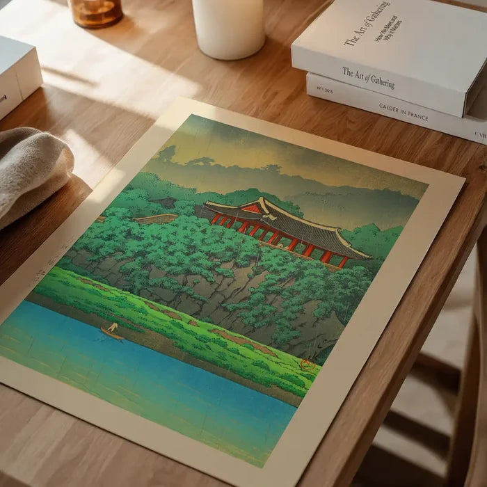 Botan Dai at Ping-yang, Korea Print by Hasui Kawase, Japanese woodblock print unframed on a home office desk