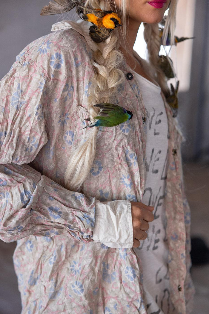 Magnolia Pearl vintage floral blouse with whimsical birds in braided hair, artisan clothing style