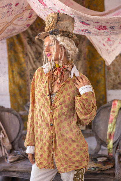 Magnolia Pearl artisan blouse with polka dots, vintage style, whimsical hat, eclectic fashion
