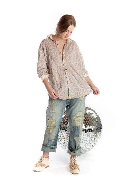 Magnolia Pearl artisan floral shirt and distressed vintage jeans with whimsical style