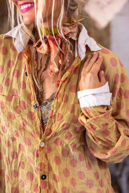 Magnolia Pearl artisan yellow polka dot shirt, vintage style, whimsical scarf, unique clothing