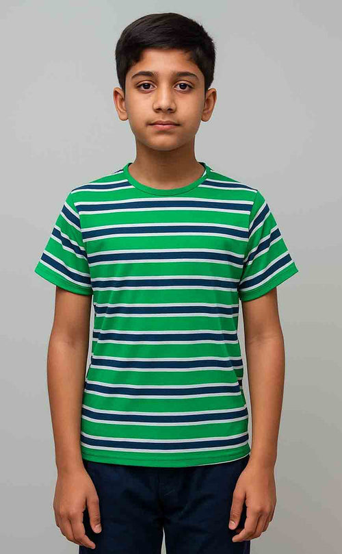 Boys Cotton Green Navy Stripe T-Shirt - Half Sleeves - Hinz Clothing