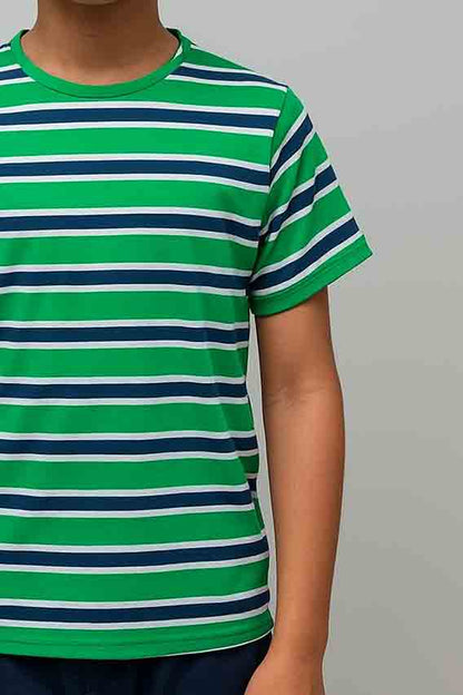 Boys Cotton Green Navy Stripe T-Shirt - Half Sleeves - Hinz Clothing