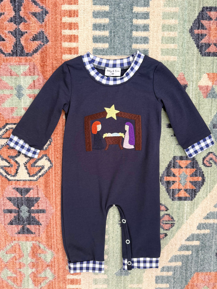 Boy’s Embroidered Nativity Scene in Navy