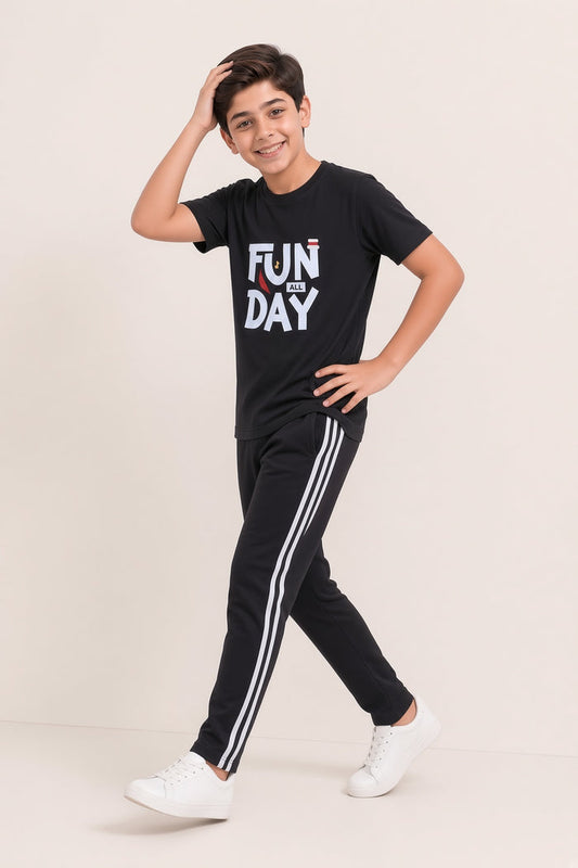 Boys Premium Black Printed Single Jersey Cotton T-Shirt & Trouser Set (Fun Day) - Hinz Clothing