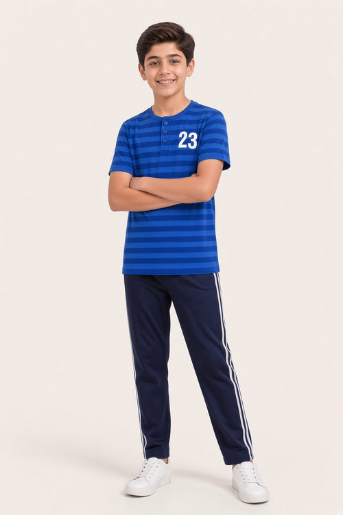 Boys Premium Blue Striped Henley Single Jersey Cotton Shirt & Navy Trouser Set