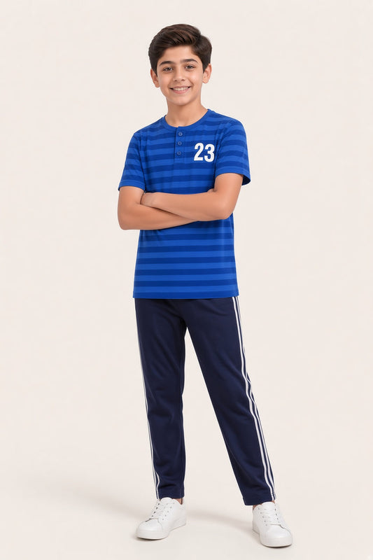 Boys Premium Blue Striped Henley Single Jersey Cotton Shirt & Navy Trouser Set