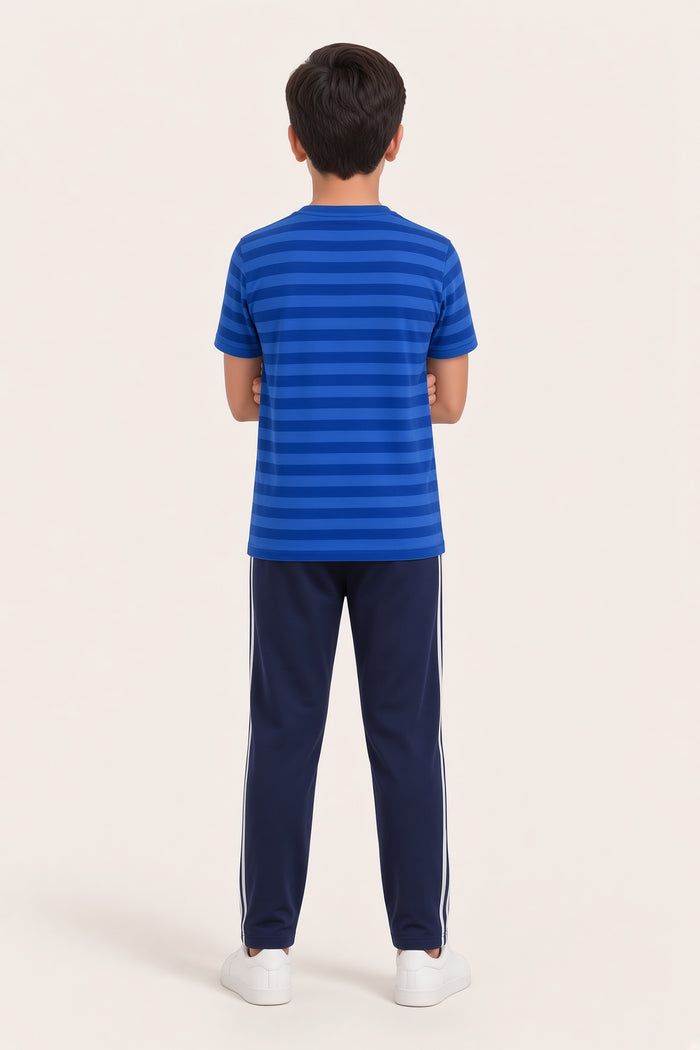 Boys Premium Blue Striped Henley Single Jersey Cotton Shirt & Navy Trouser Set - Hinz Clothing