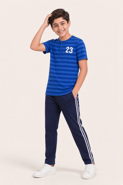 Boys Premium Blue Striped Henley Single Jersey Cotton Shirt & Navy Trouser Set