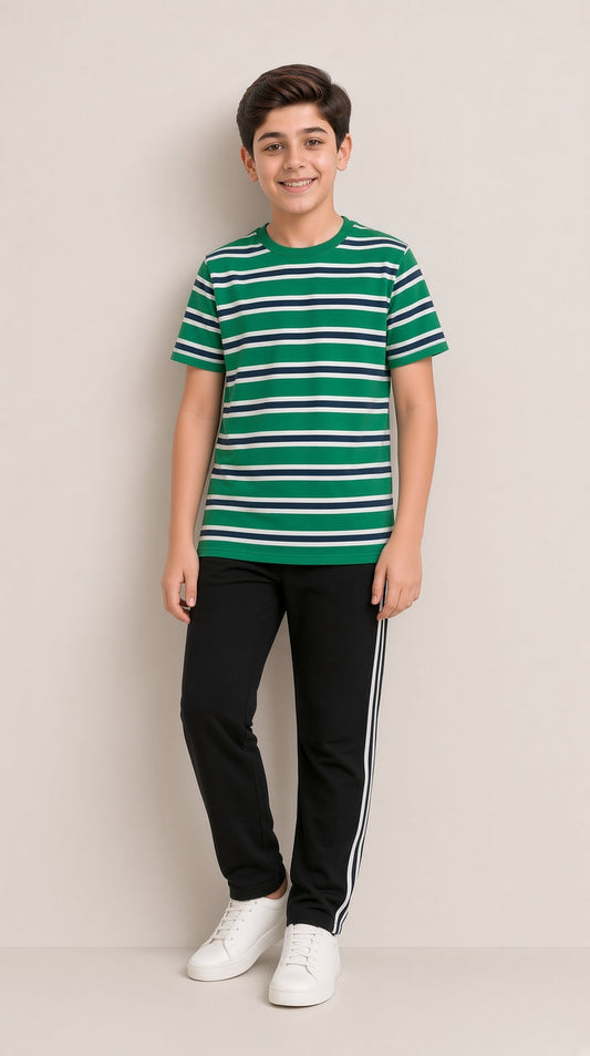 Boys Premium Green Striped Single Jersey Cotton T-Shirt & Black Trouser Set