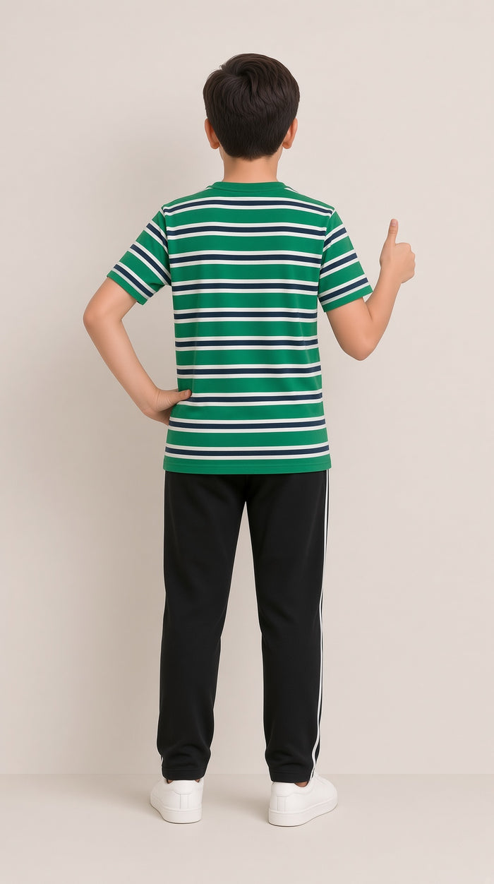 Boys Premium Green Striped Single Jersey Cotton T-Shirt & Black Trouser Set - Hinz Clothing
