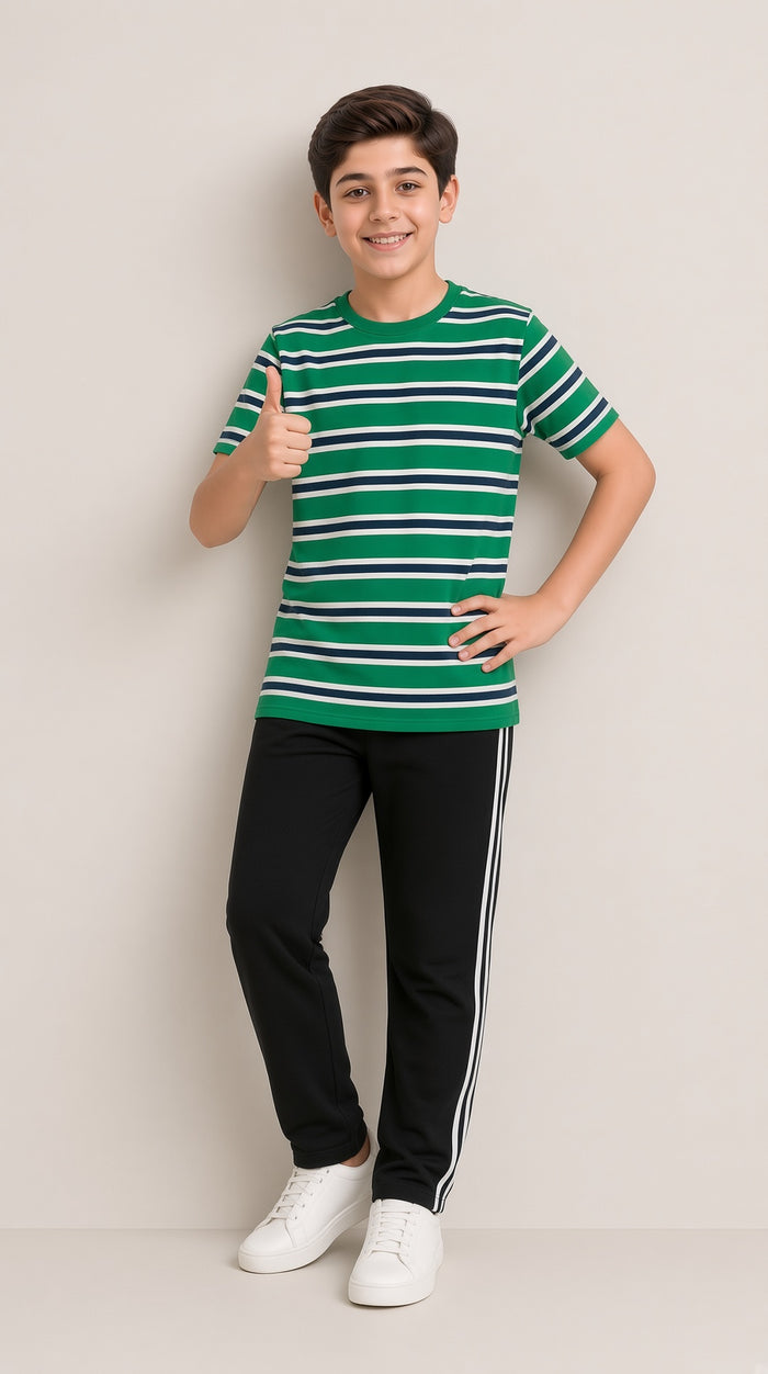 Boys Premium Green Striped Single Jersey Cotton T-Shirt & Black Trouser Set - Hinz Clothing