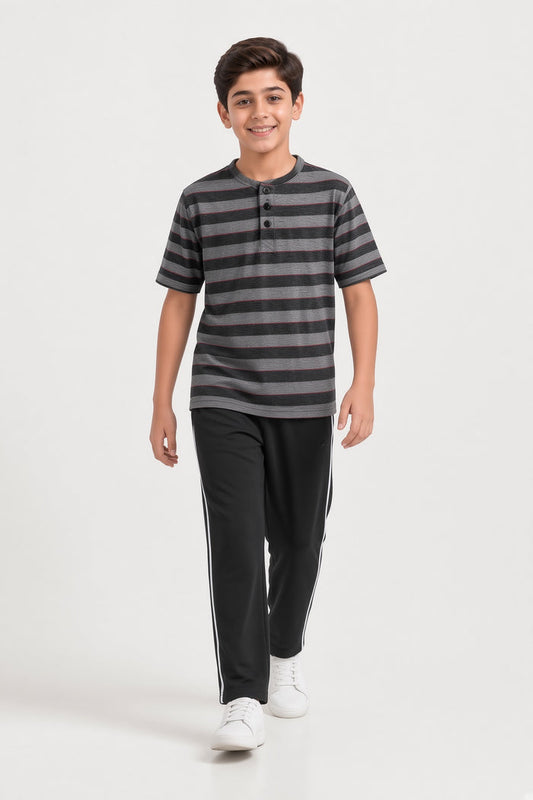 Boys Premium Grey Striped Henley Single Jersey Cotton Shirt & Black Trouser Set
