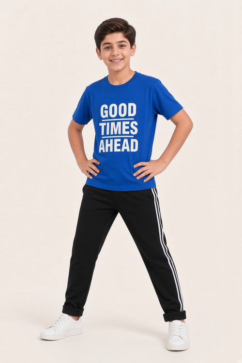 Boys Premium Royal Blue Printed Single Jersey Cotton T-Shirt & Black Trouser Set (GTA)