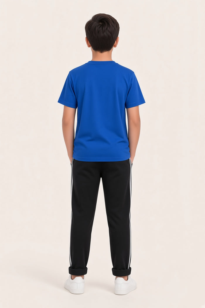 Boys Premium Royal Blue Printed Single Jersey Cotton T-Shirt & Black Trouser Set (GTA) - Hinz Clothing