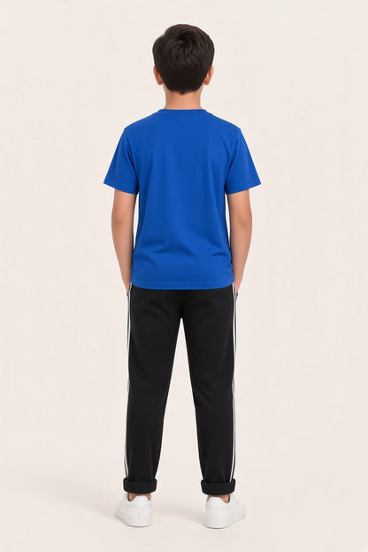 Boys Premium Royal Blue Printed Single Jersey Cotton T-Shirt & Black Trouser Set (GTA) - Hinz Clothing
