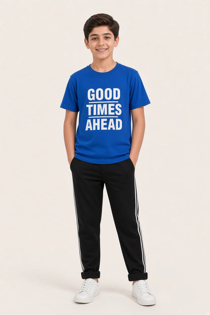 Boys Premium Royal Blue Printed Single Jersey Cotton T-Shirt & Black Trouser Set (GTA) - Hinz Clothing