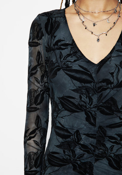 Bryn Floral Flocked Mesh Ruched Long Sleeve Midaxi Dress