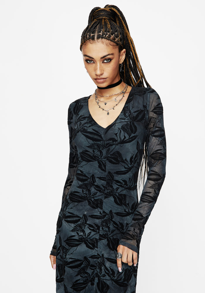 Bryn Floral Flocked Mesh Ruched Long Sleeve Midaxi Dress