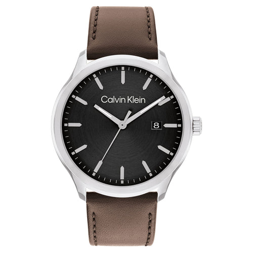 Calvin Klein Dark Brown Leather Black Dial Men's Watch - 25200354