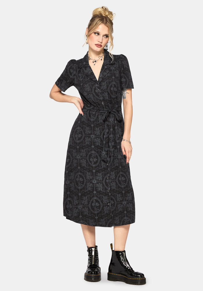 Cameo Floral Printed Tie Belt Midi Shirt Dress