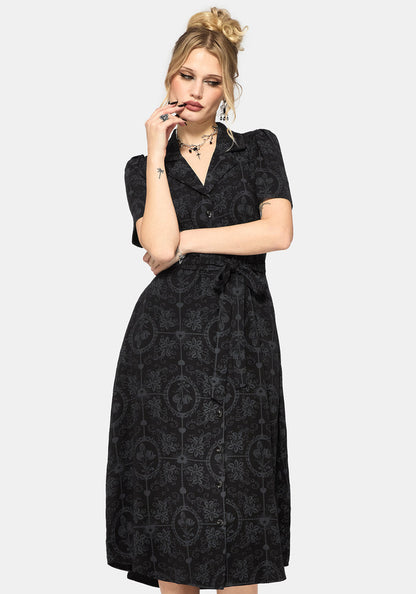Cameo Floral Printed Tie Belt Midi Shirt Dress
