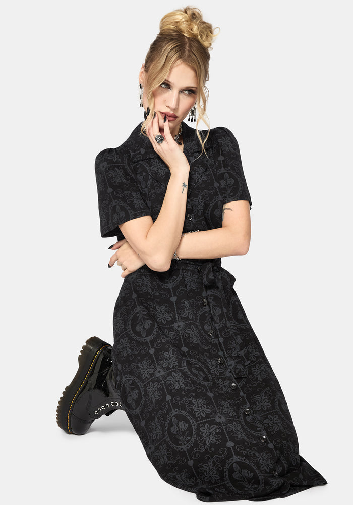 Cameo Floral Printed Tie Belt Midi Shirt Dress
