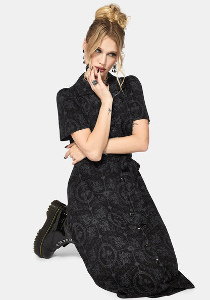 Cameo Floral Printed Tie Belt Midi Shirt Dress
