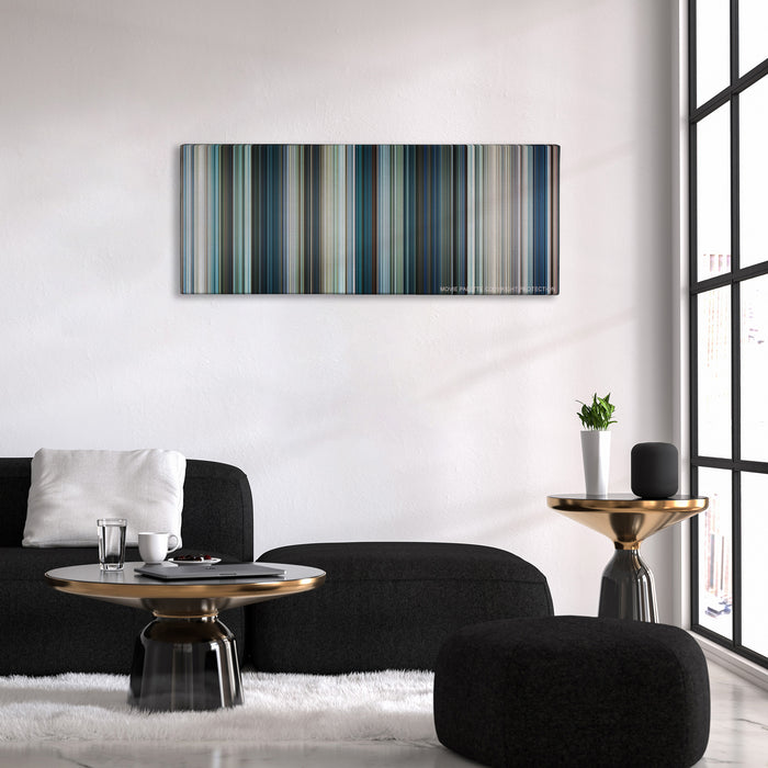 Chappie color palette canvas above a black sofa with a gold-topped table