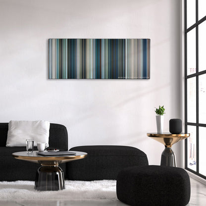 Chappie color palette canvas above a black sofa with a gold-topped table