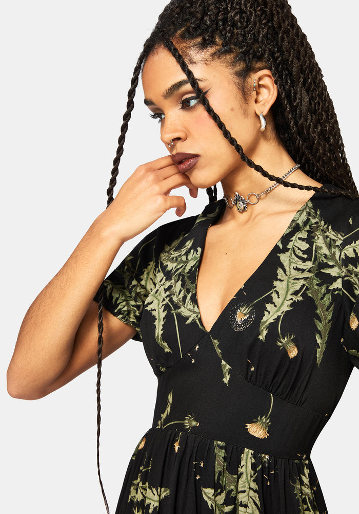Cimora Dandelion Print Puff Sleeve Maxi Dress
