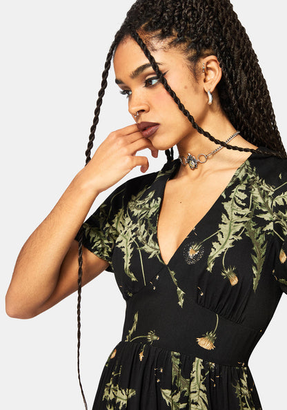 Cimora Dandelion Print Puff Sleeve Maxi Dress