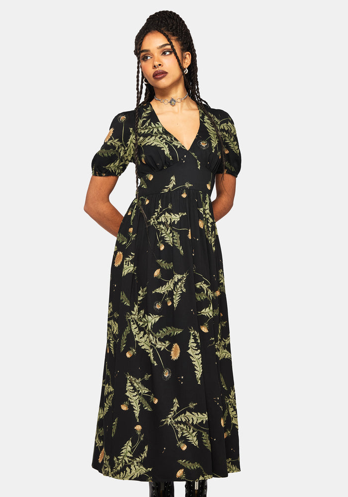 Cimora Dandelion Print Puff Sleeve Maxi Dress