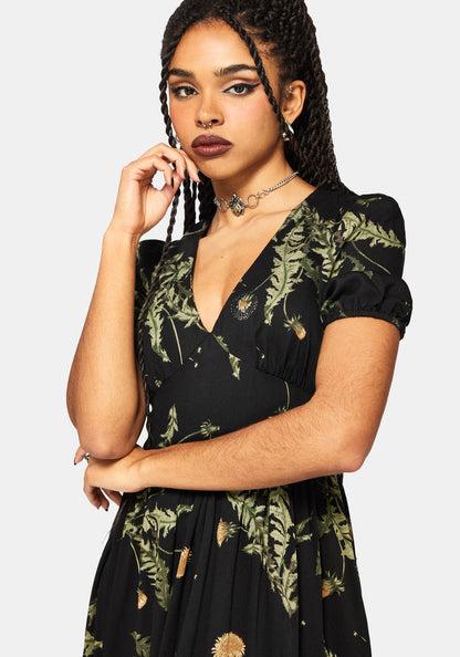 Cimora Dandelion Print Puff Sleeve Maxi Dress