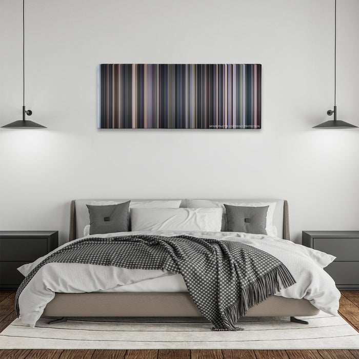 Cinema Paradiso color palette canvas above a bed, between two black pendant lamps