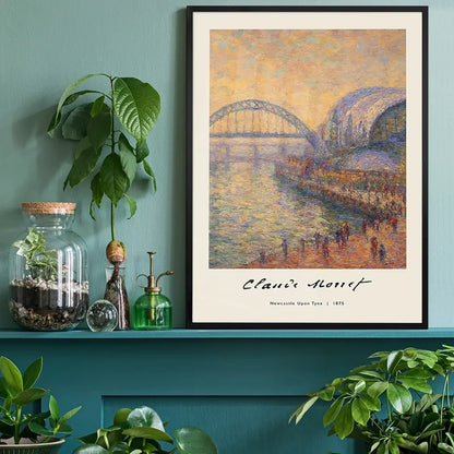Claude Monet's Painting of Newcastle Quayside Print black framed on a living room shelf