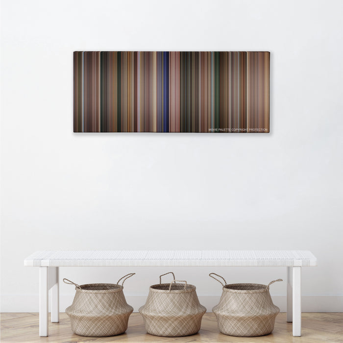 Coach Carter color palette canvas above a white bench with three woven baskets