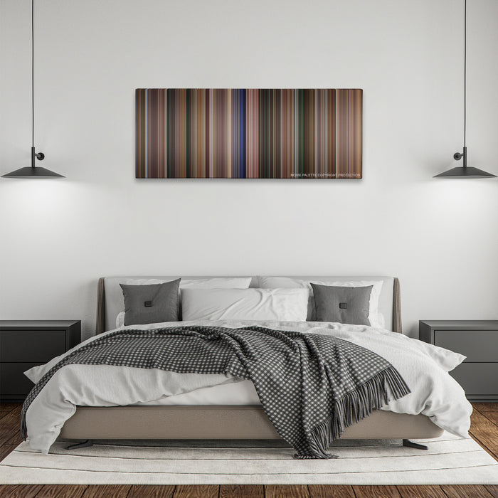 Coach Carter color palette canvas above a bed, between two black pendant lamps
