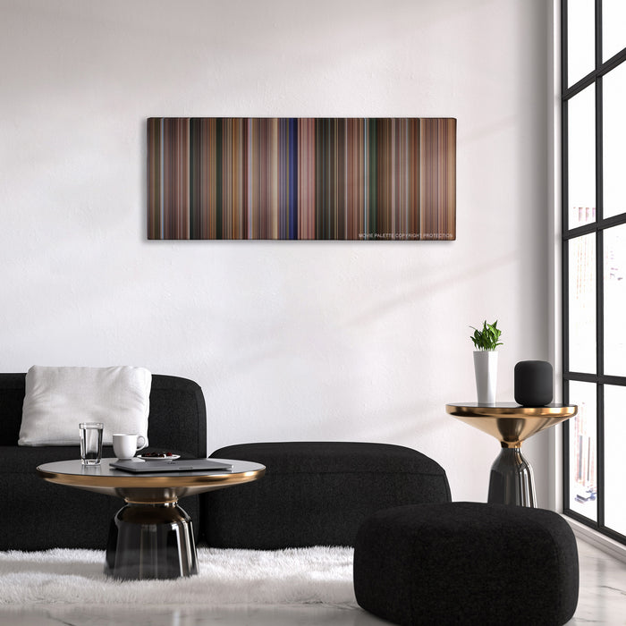 Coach Carter color palette canvas above a black sofa with a gold-topped table