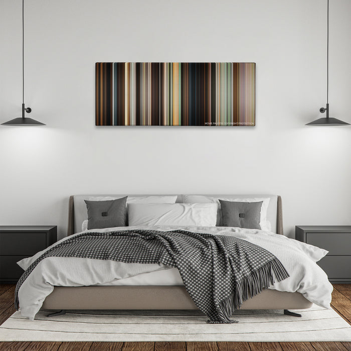 Crazy, Stupid, Love. color palette canvas above a bed, between two black pendant lamps