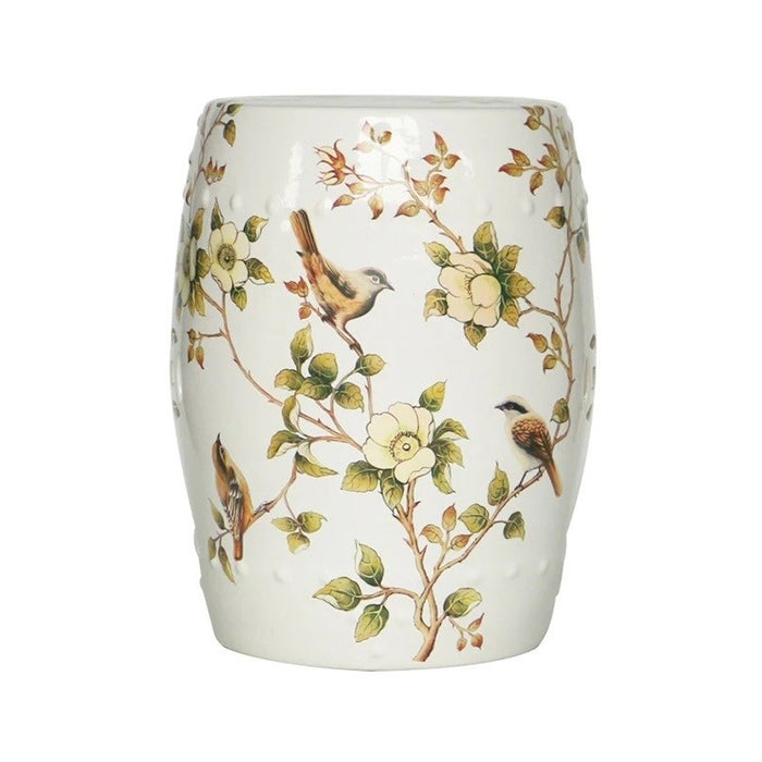 Cream White Garden Stool With Flower and Hwamei Birds